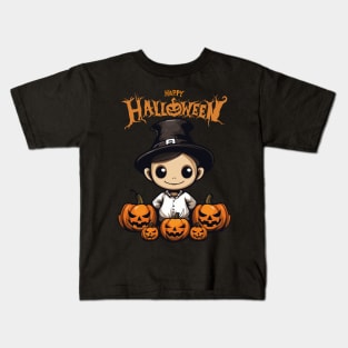 Cute Boy in Witch Hat and Spooky Pumpkin, Happy Halloween Kids T-Shirt